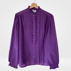Vintage 80s Ruffle Front High Neck Women's Button Down Shirt PLUS SIZE 18W